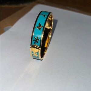Gold and Teal Enamel Hinged Bracelet